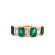 Sculpted Emerald Cut Emerald and Diamond Alternating Band