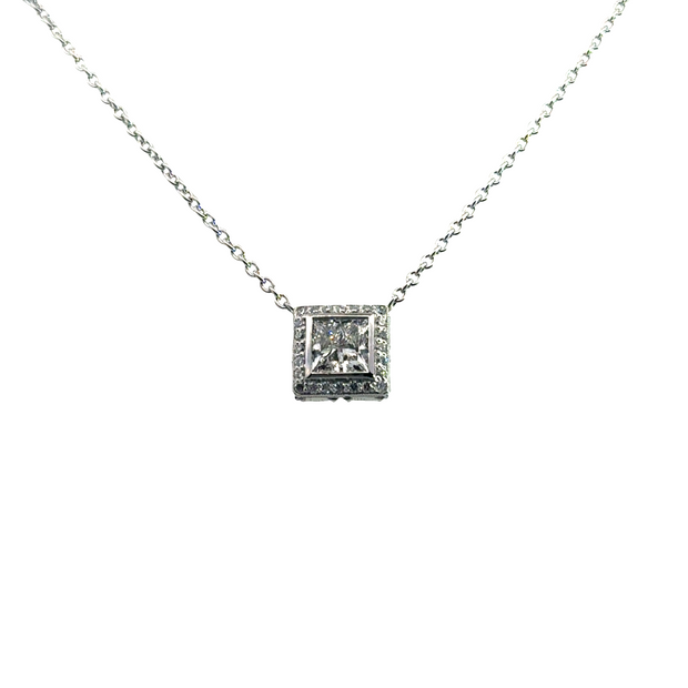 Platinum Princess Cut Diamond Halo Pendant Necklace