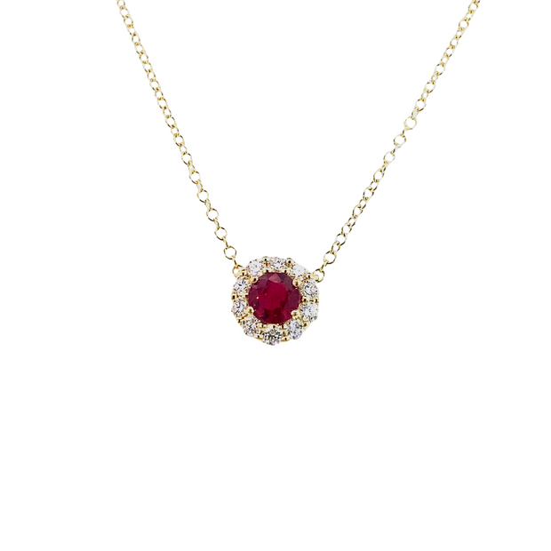 Deep Red Ruby & Diamond Halo Necklace