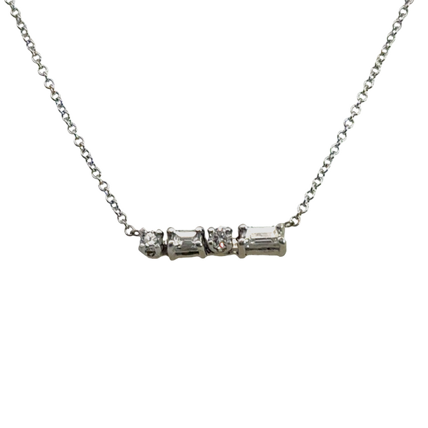 Diamond Bar Necklace with Baguette and Round Diamonds in 14K White Gold
